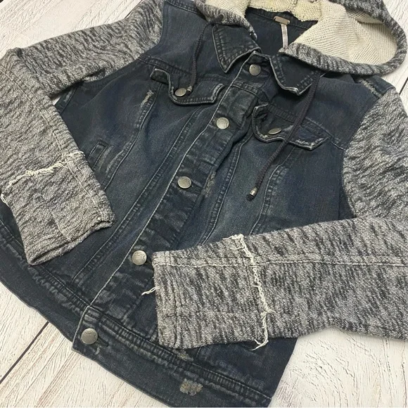 Free People Hooded Denim Knit Jacket in Dark Blue/Black with Gray Medium - Picture 3 of 10